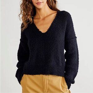 Free People Theo V-Neck Chunky Knit Black Soft Oversized Sweater Women’s Size XS